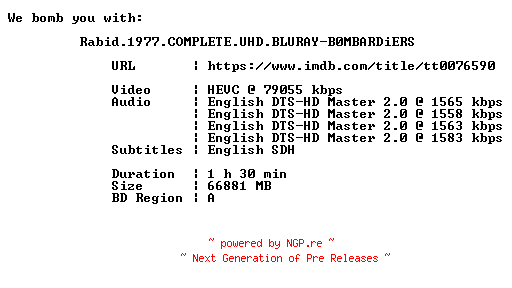NFO for the release Rabid.1977.COMPLETE.UHD.BLURAY-B0MBARDiERS by B0MBARDiERS