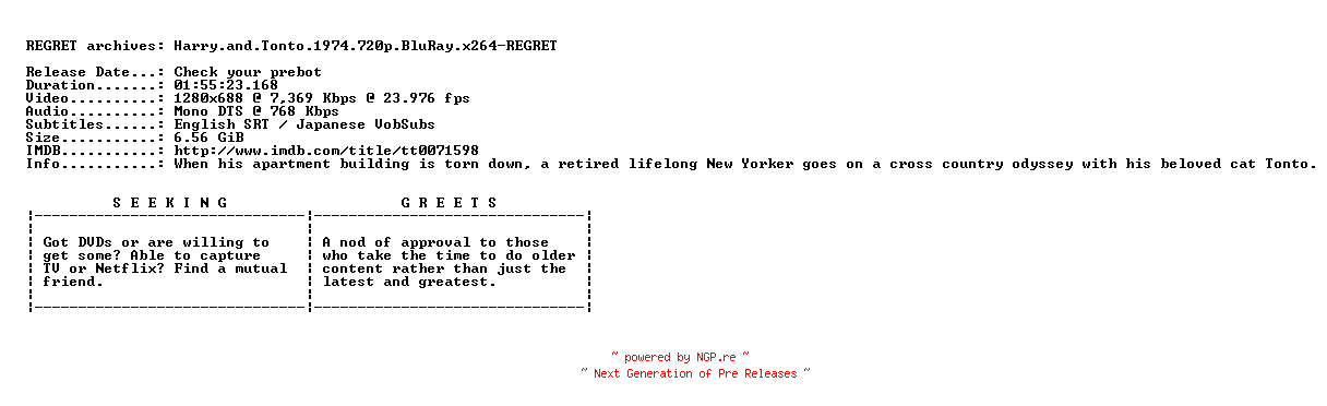 NFO for the release Harry.and.Tonto.1974.720p.BluRay.x264-REGRET by REGRET
