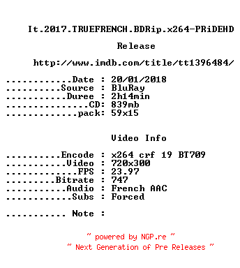 NFO for the release It.2017.TRUEFRENCH.BDRip.x264-PRiDEHD by PRiDEHD
