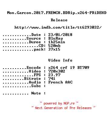 NFO for the release Mon.Garcon.2017.FRENCH.BDRip.x264-PRiDEHD by PRiDEHD