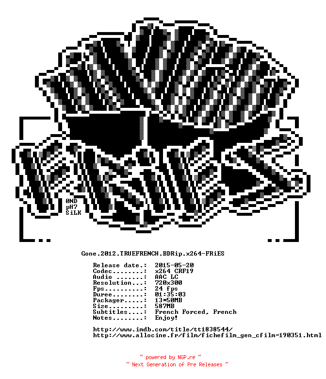 NFO for the release Gone.2012.TRUEFRENCH.BDRip.x264-FRiES by FRiES