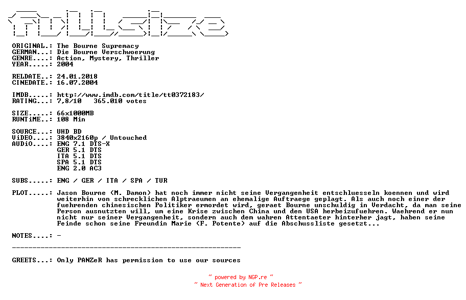 NFO for the release The.Bourne.Supremacy.2004.MULTi.COMPLETE.UHD.BLURAY-FULLSiZE by FULLSiZE