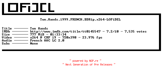 NFO for the release Two.Hands.1999.FRENCH.BDRip.x264-LOFiDEL by LOFiDEL