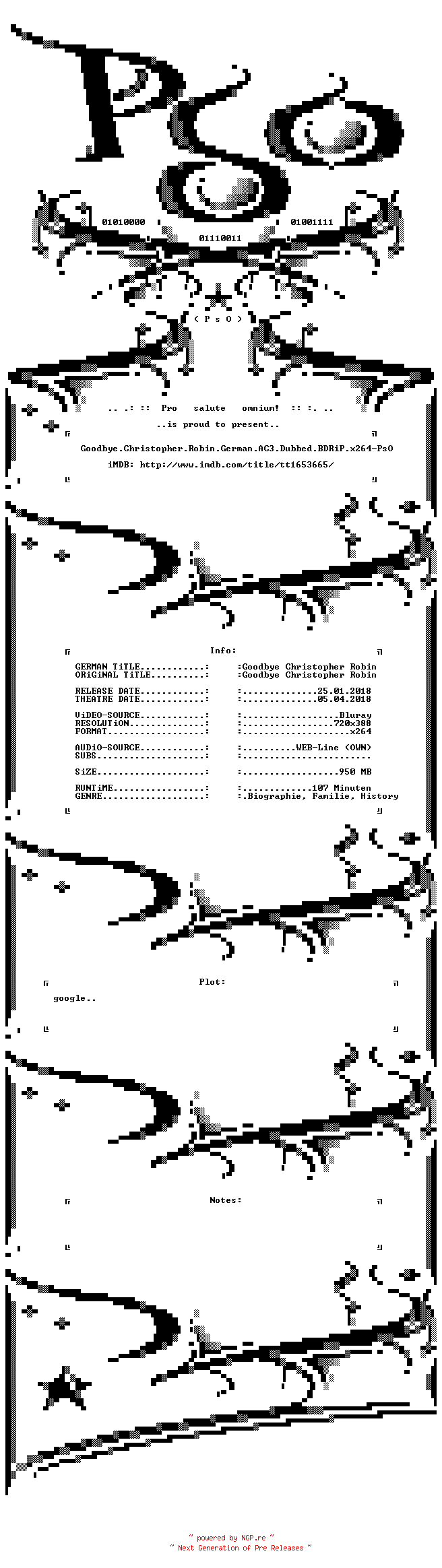 NFO for the release Goodbye.Christopher.Robin.German.AC3.Dubbed.BDRiP.x264-PsO by PsO
