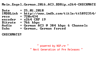 NFO for the release Mein.Engel.German.2016.AC3.BDRip.x264-CHECKMATE by CHECKMATE