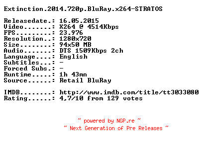 NFO for the release Extinction.2014.720p.BluRay.x264-STRATOS by STRATOS