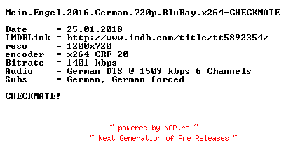 NFO for the release Mein.Engel.2016.German.720p.BluRay.x264-CHECKMATE by CHECKMATE