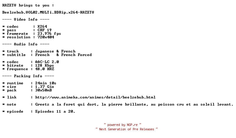 NFO for the release Beelzebub.VOL02.MULTi.BDRip.x264-KAZETV by KAZETV