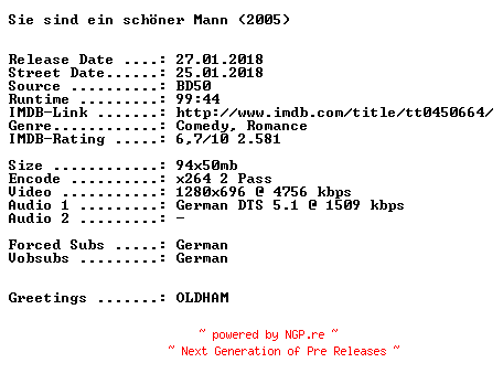 NFO for the release Sie.sind.ein.schoener.Mann.2005.German.720p.BluRay.x264-SPiCY by SPiCY