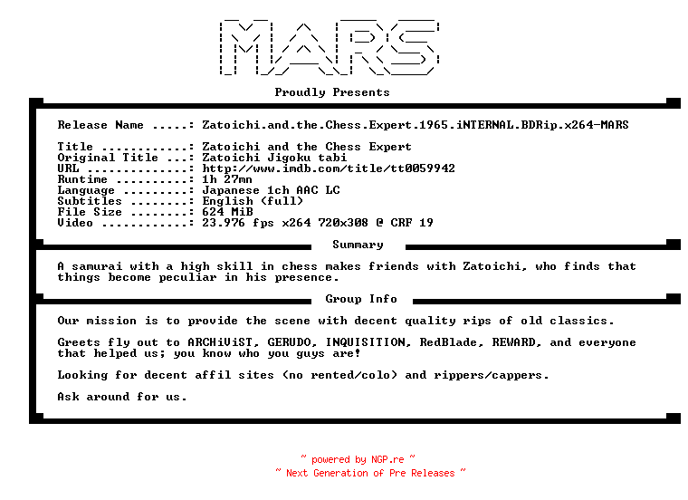 NFO for the release Zatoichi.and.the.Chess.Expert.1965.iNTERNAL.BDRip.x264-MARS by MARS