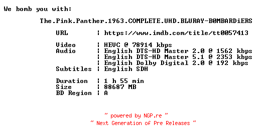 NFO for the release The.Pink.Panther.1963.COMPLETE.UHD.BLURAY-B0MBARDiERS by B0MBARDiERS