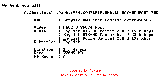 NFO for the release A.Shot.in.the.Dark.1964.COMPLETE.UHD.BLURAY-B0MBARDiERS by B0MBARDiERS