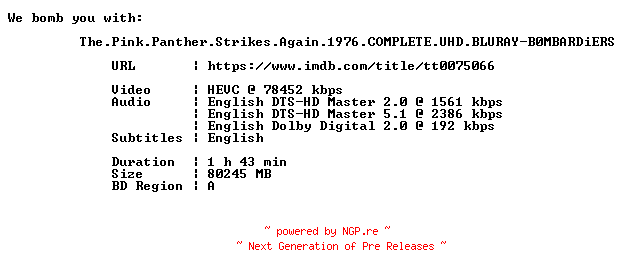NFO for the release The.Pink.Panther.Strikes.Again.1976.COMPLETE.UHD.BLURAY-B0MBARDiERS by B0MBARDiERS