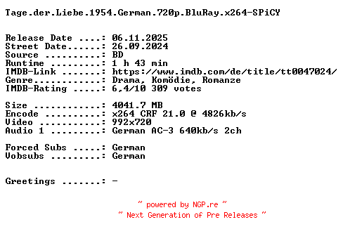NFO for the release Tage.der.Liebe.1954.German.720p.BluRay.x264-SPiCY by SPiCY