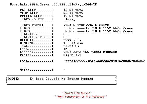 NFO for the release Bone.Lake.2024.German.DL.720p.BluRay.x264-TM by TM