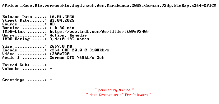 NFO for the release African.Race.Die.verrueckte.Jagd.nach.dem.Marakunda.2008.German.720p.BluRay.x264-SPiCY by SPiCY