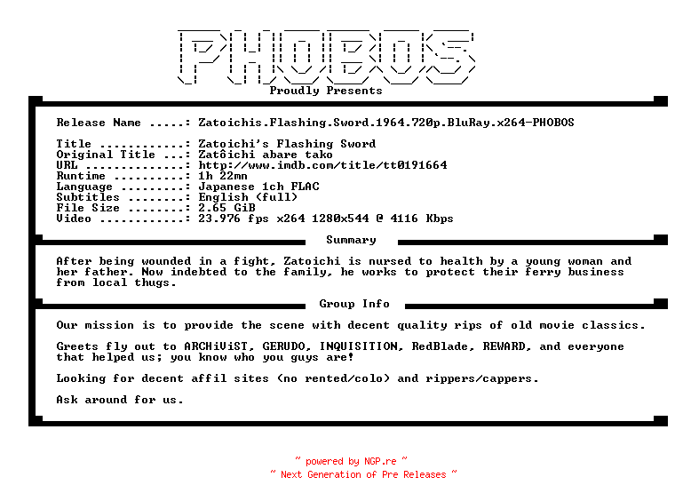 NFO for the release Zatoichis.Flashing.Sword.1964.720p.BluRay.x264-PHOBOS by PHOBOS