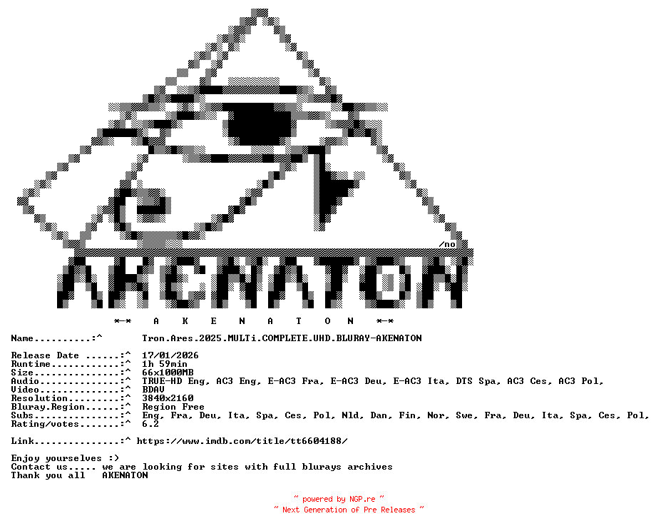 NFO for the release Tron.Ares.2025.MULTi.COMPLETE.UHD.BLURAY-AKENATON by AKENATON