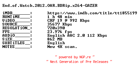 NFO for the release End.of.Watch.2012.OAR.BDRip.x264-GAZER by GAZER
