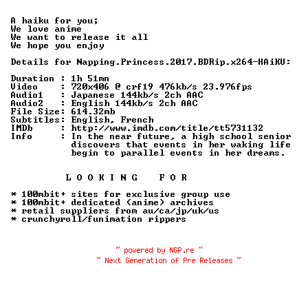 NFO for the release Napping.Princess.2017.BDRip.x264-HAiKU by HAiKU