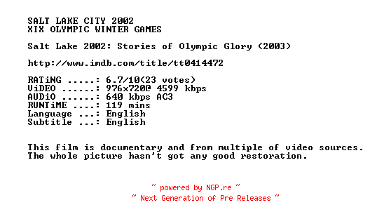NFO for the release Salt.Lake.2002.Stories.of.Olympic.Glory.2003.720p.BluRay.x264-SUMMERX by SUMMERX