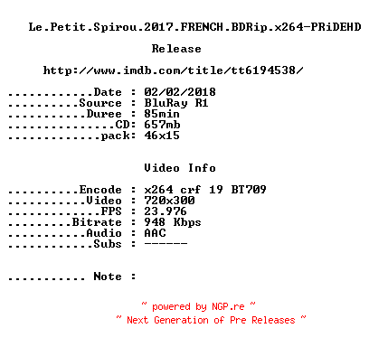 NFO for the release Le.Petit.Spirou.2017.FRENCH.BDRip.x264-PRiDEHD by PRiDEHD