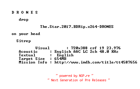 NFO for the release The.Star.2017.BDRip.x264-DRONES by DRONES