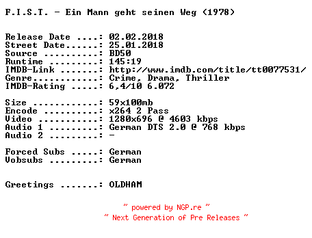NFO for the release F.I.S.T.-.Ein.Mann.geht.seinen.Weg.1978.German.720p.BluRay.x264-SPiCY by SPiCY