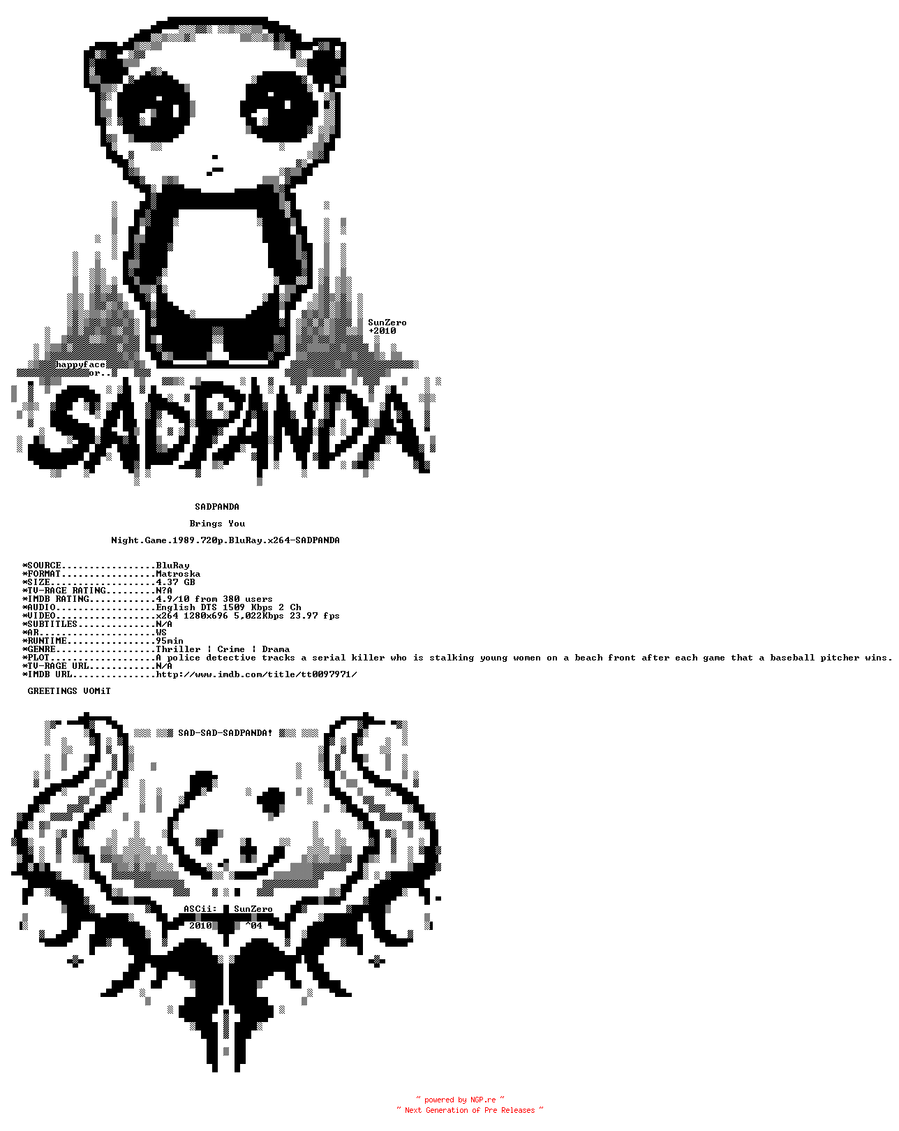 NFO for the release Night.Game.1989.720p.BluRay.x264-SADPANDA by SADPANDA