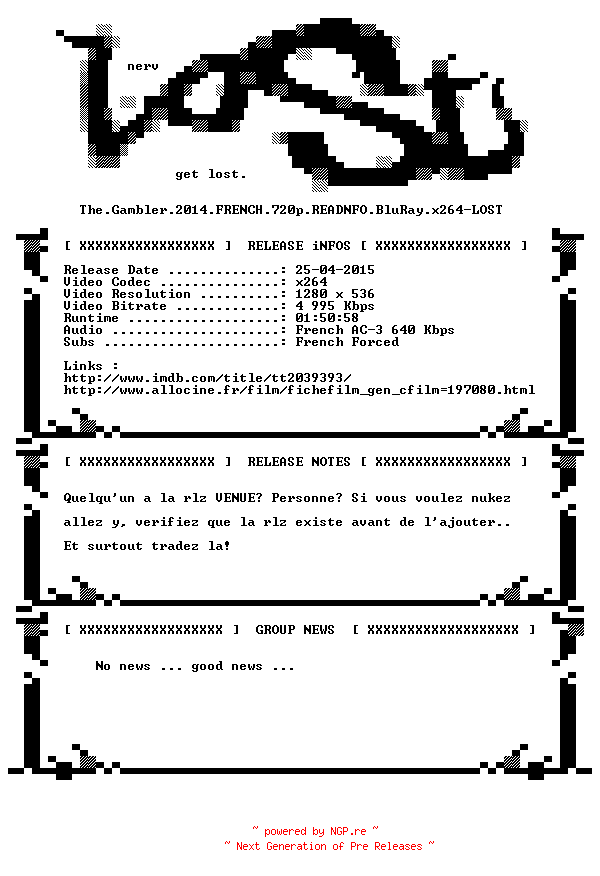 NFO for the release The.Gambler.2014.FRENCH.720p.READNFO.BluRay.x264-LOST by LOST