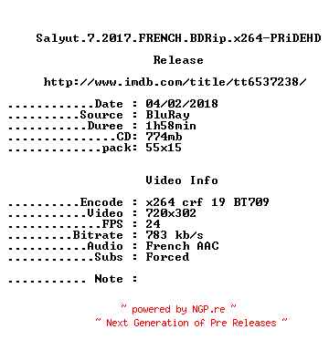 NFO for the release Salyut.7.2017.FRENCH.BDRip.x264-PRiDEHD by PRiDEHD