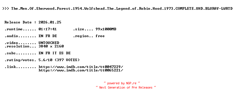 NFO for the release The.Men.Of.Sherwood.Forest.1954.Wolfshead.The.Legend.of.Robin.Hood.1973.COMPLETE.UHD.BLURAY-LWRTD by LWRTD