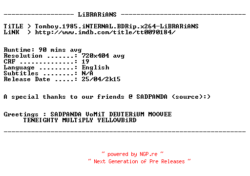 NFO for the release Tomboy.1985.iNTERNAL.BDRip.x264-LiBRARiANS by LiBRARiANS
