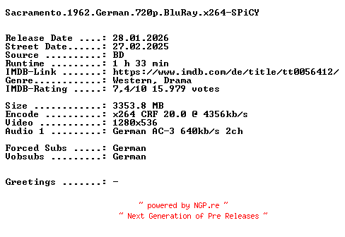 NFO for the release Sacramento.1962.German.720p.BluRay.x264-SPiCY by SPiCY