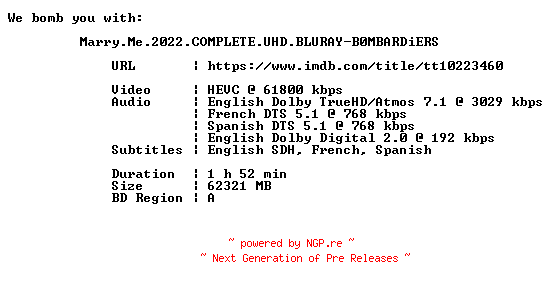 NFO for the release Marry.Me.2022.COMPLETE.UHD.BLURAY-B0MBARDiERS by B0MBARDiERS