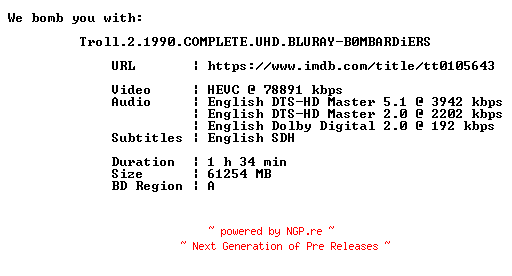 NFO for the release Troll.2.1990.COMPLETE.UHD.BLURAY-B0MBARDiERS by B0MBARDiERS