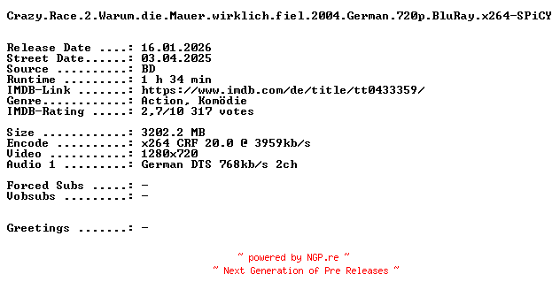 NFO for the release Crazy.Race.2.Warum.die.Mauer.wirklich.fiel.2004.German.720p.BluRay.x264-SPiCY by SPiCY