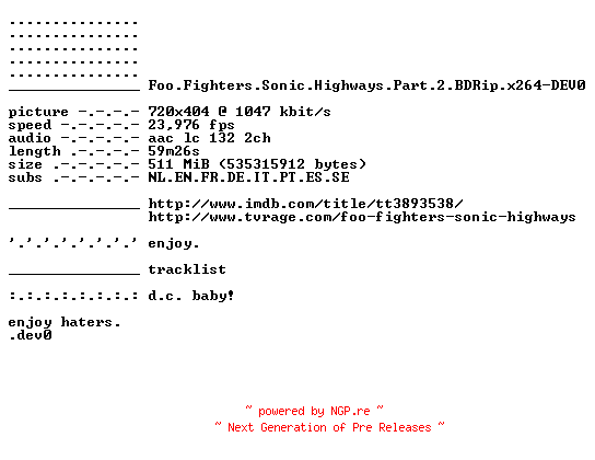 NFO for the release Foo.Fighters.Sonic.Highways.Part.2.BDRip.x264-DEV0 by DEV0