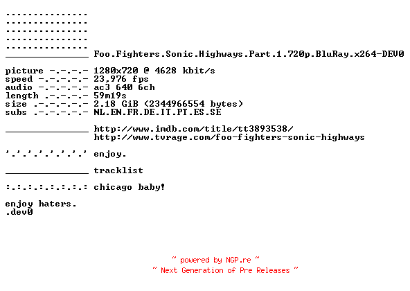NFO for the release Foo.Fighters.Sonic.Highways.Part.1.720p.BluRay.x264-DEV0 by DEV0