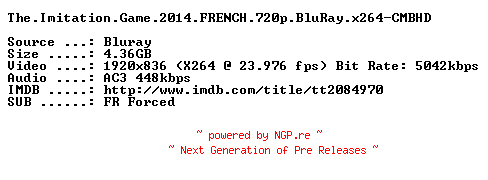 NFO for the release The.Imitation.Game.2014.FRENCH.720p.BluRay.x264-CMBHD by CMBHD