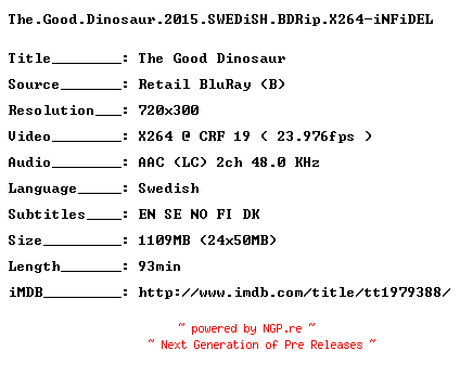 NFO for the release The.Good.Dinosaur.2015.SWEDiSH.BDRip.X264-iNFiDEL by iNFiDEL
