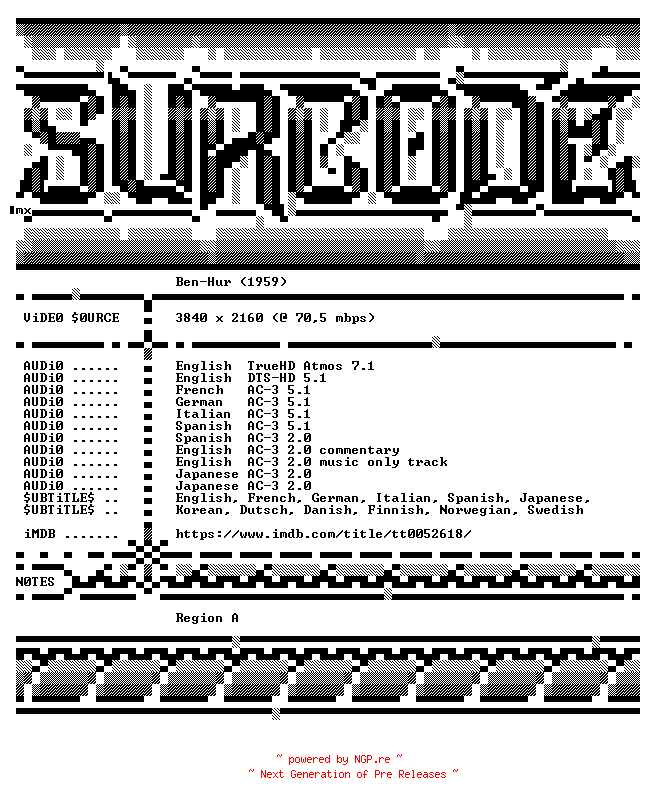 NFO for the release Ben.Hur.1959.DISC1.COMPLETE.UHD.BLURAY-SURCODE by SURCODE
