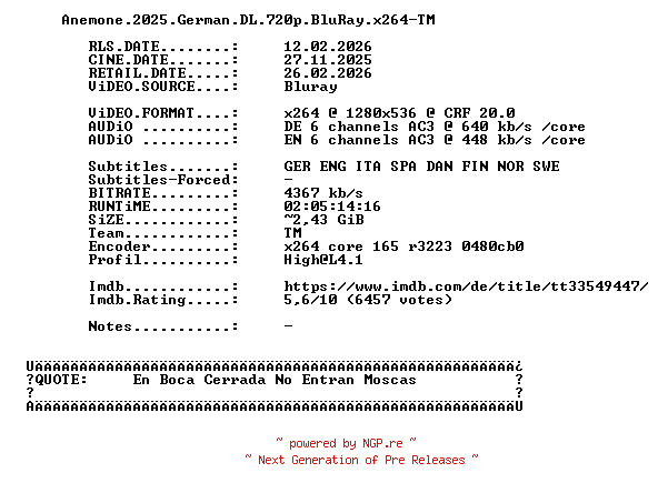 NFO for the release Anemone.2025.German.DL.720p.BluRay.x264-TM by TM