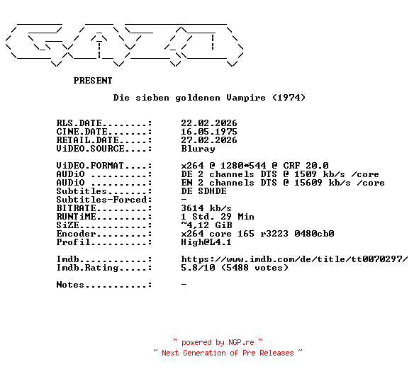 NFO for the release Die.7.goldenen.Vampire.1974.German.720p.BluRay.x264-GAZO by GAZO