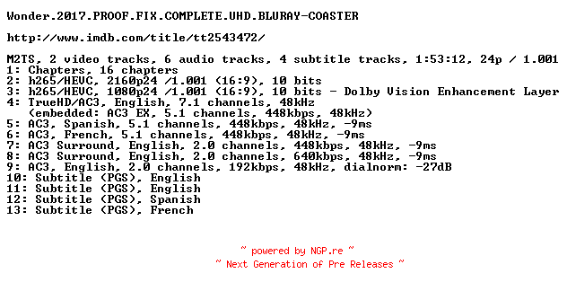 NFO for the release Wonder.2017.PROOF.FIX.COMPLETE.UHD.BLURAY-COASTER by COASTER