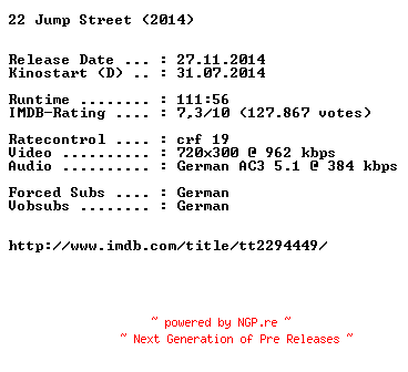 NFO for the release 22.Jump.Street.German.BDRiP.x264-EXQUiSiTE by EXQUiSiTE