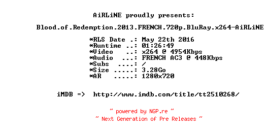 NFO for the release Blood.of.Redemption.2013.FRENCH.720p.BluRay.x264-AiRLiNE by AiRLiNE