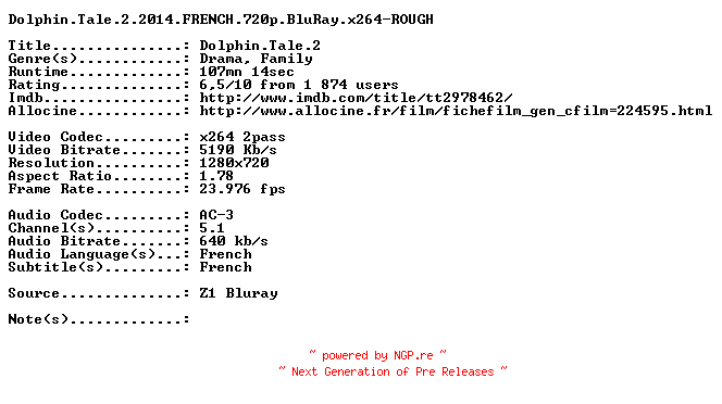 NFO for the release Dolphin.Tale.2.2014.FRENCH.720p.BluRay.x264-ROUGH by ROUGH