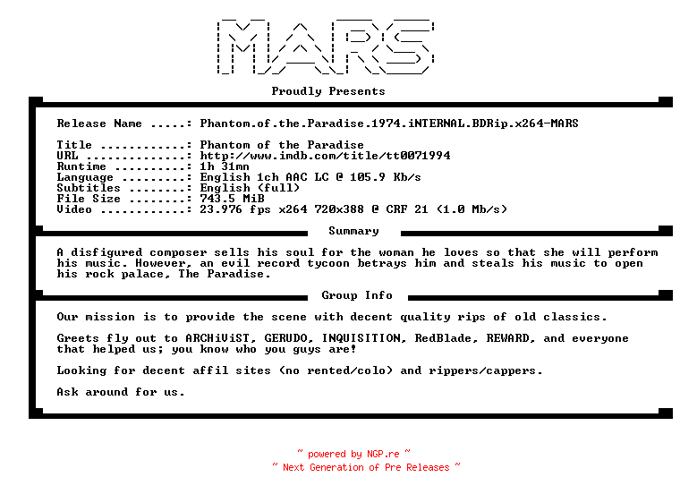 NFO for the release Phantom.of.the.Paradise.1974.iNTERNAL.BDRip.x264-MARS by MARS