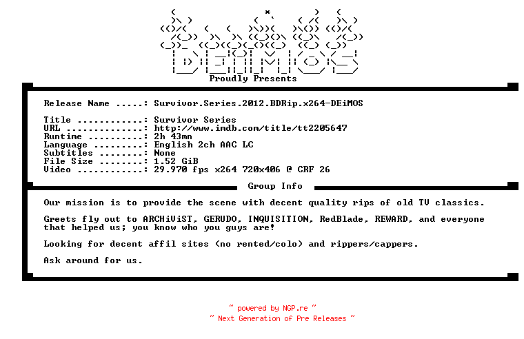 NFO for the release WWE.Survivor.Series.2012.BDRip.x264-DEiMOS by DEiMOS